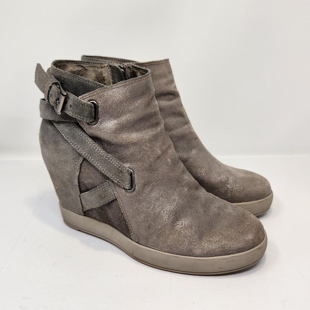 Eileen Fisher Zest Metallic Gray Beige Leather Wedge Ankle Booties Size 6 Zipper